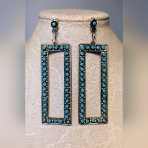 Vintage Sterling Silver & Petit Point Turquoise Rectangular Drop Earrings